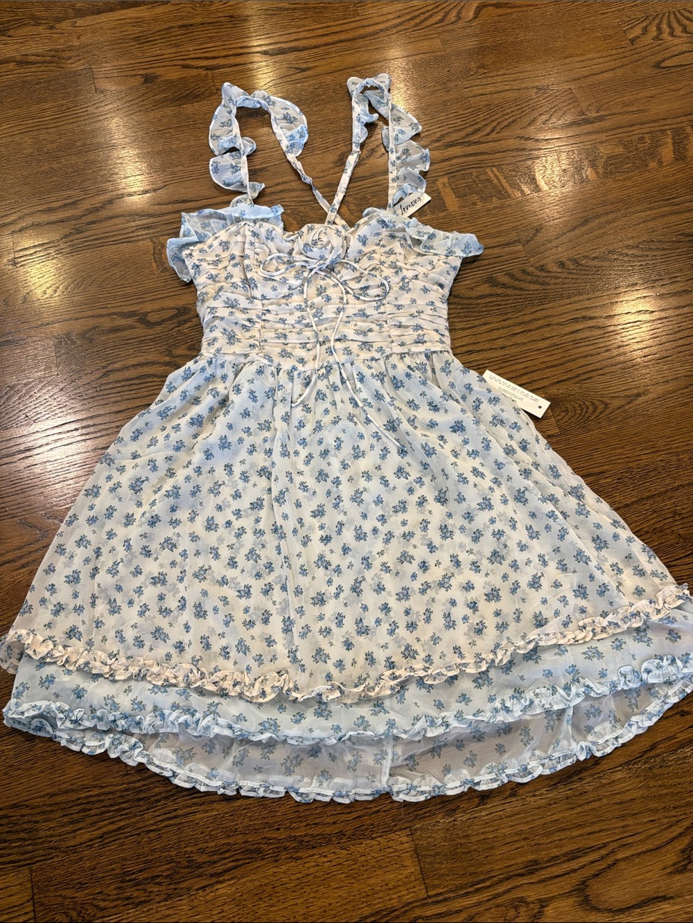 For Love and Lemons NWT Blue Floral Ruffle-Trim mini dress , M
